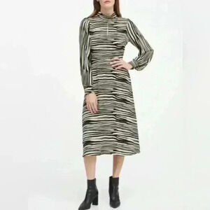 BANANA REPUBLIC Popover Midi High Neck Long Sleeve Dress Zebra Print Size 10